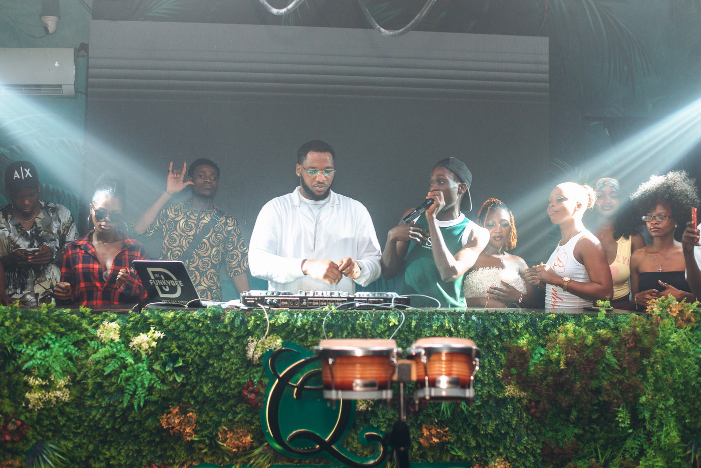 The DJ booth under the Q at Quench